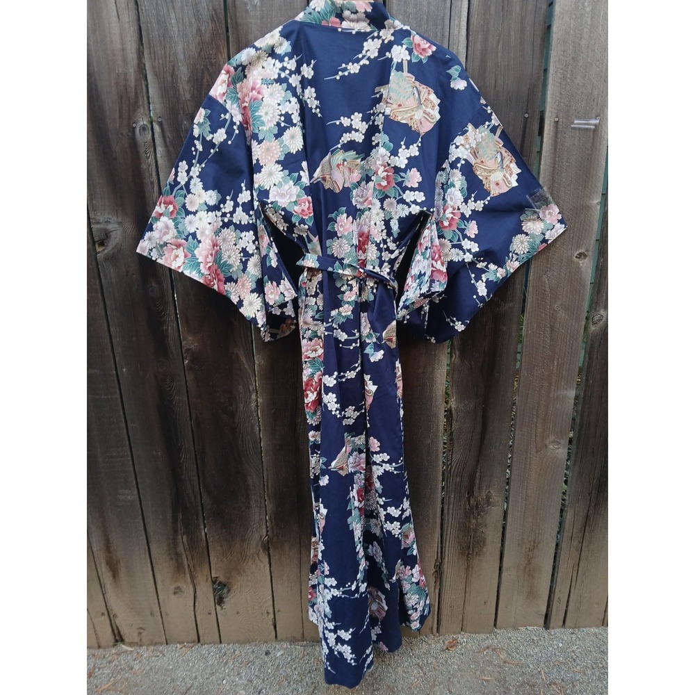 Nwot Smithsonian Cotton Kimono Robe Navy Blue Princess Peony Yukata M - Picture 10 of 11